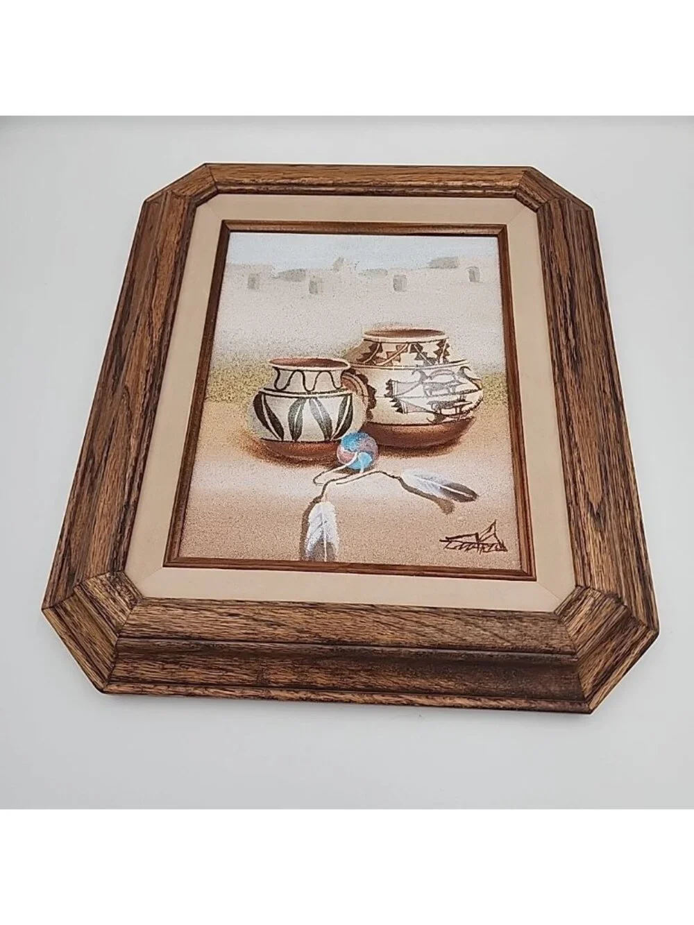 Vintage Framed Sand Painting Acoma Pueblo Native American Pottery Artist Signed